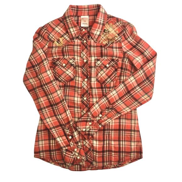 Y2k True Religion Fresh Peach Plaid Button Down Shirt Western Styling Gold Logo - Picture 13 of 16
